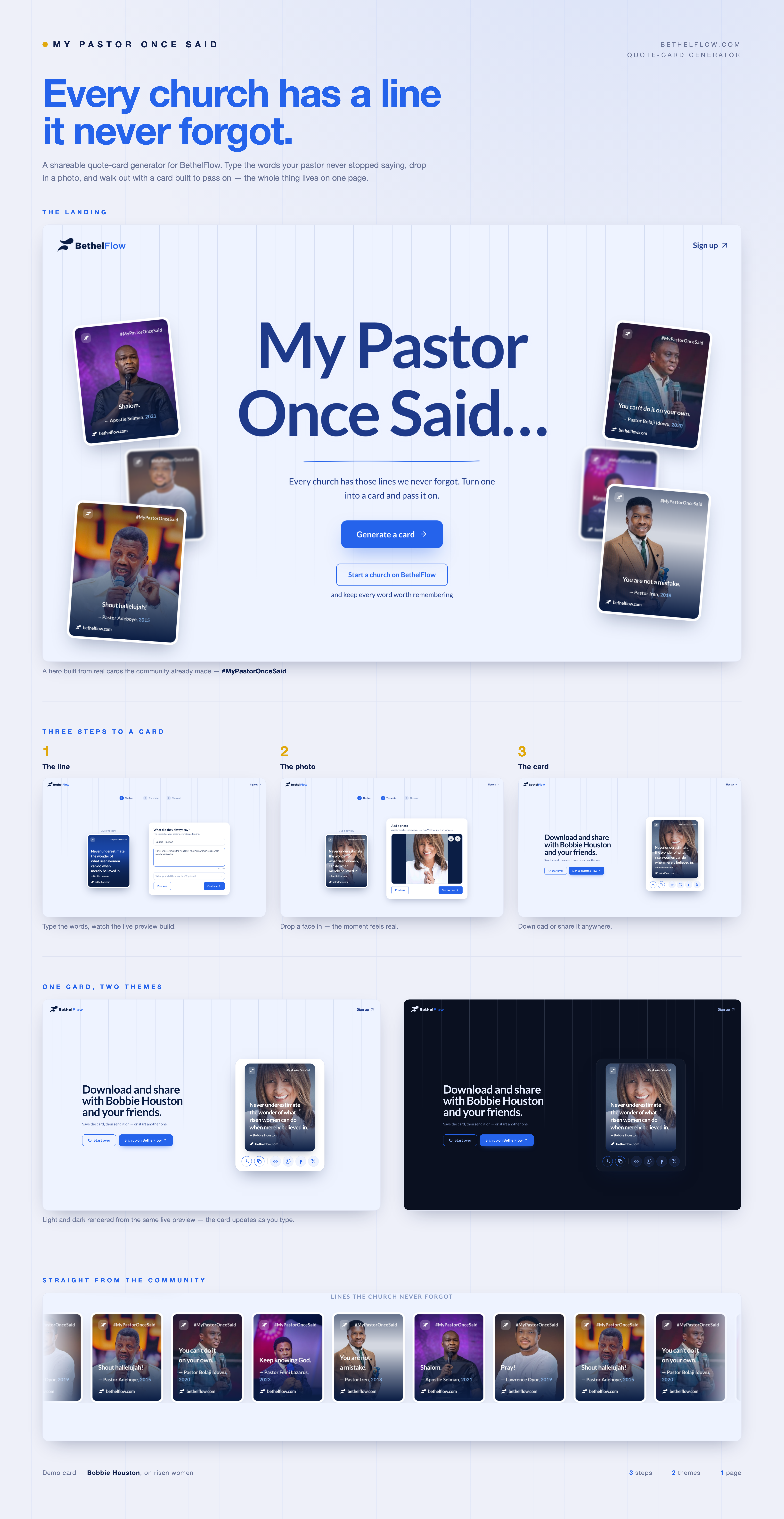 A showcase board of the finished product: the landing page, the three-step create flow, the light and dark cards, and the community wall.